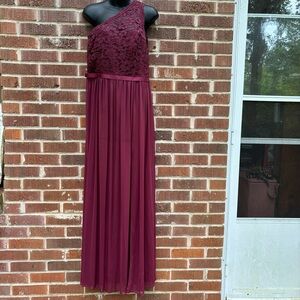 David's Bridal One-Shoulder Burgundy Lace Dress